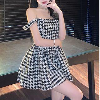Spaghetti-strap Houndstooth Mini A-line Dress