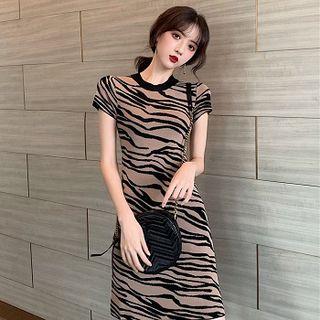 Short-sleeve Zebra Print A-line Mini Knit Dress