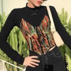 Spaghetti Strap Patterned Top / Long-sleeve Mock-neck Top