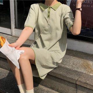 Plaid Short-sleeve Knit Top Mint Green - One Size