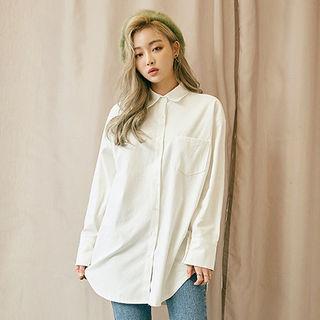 Pocket-front Plain Cotton Long Shirt