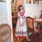 3/4-sleeve Fringed Trim Midi A-line Dress