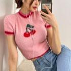 Cherry-printed Fluffy Knit Crop Top Pink - One Size