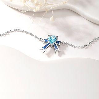 Rhinestone Bow Pendant Necklace Blue & Silver - One Size