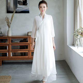 3/4-sleeve Embroidered Trim A-line Maxi Dress