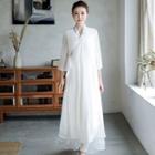 3/4-sleeve Embroidered Trim A-line Maxi Dress