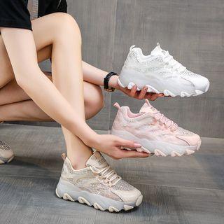 Lace Up Rhinestone Mesh Sneakers