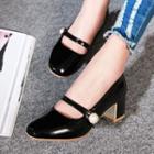 Faux Pearl Patent Block Heel Pumps