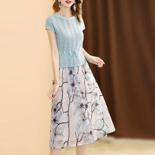 Set: Short-sleeve Pointelle Knit Top + Flower Print Midi A-line Skirt