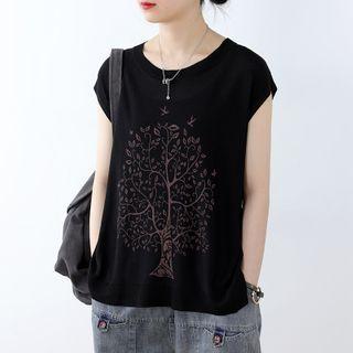 Tree Print Cap-sleeve Knit Top