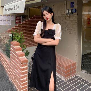 Short-sleeve Two-tone A-line Dress / Midi Dress