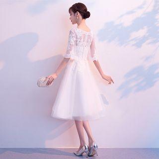 Elbow-sleeve Lace A-line Evening Dress