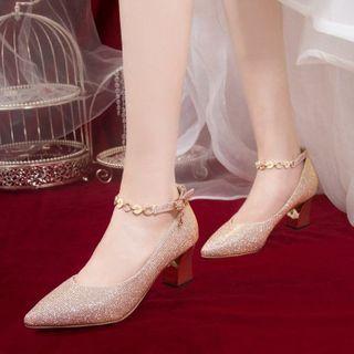 Glitter Ankle-strap Pointy-toe Chunky-heel Pumps
