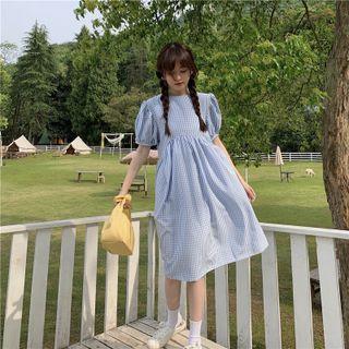 Puff-sleeve Plaid Loose Fit Dress Dress - One Size