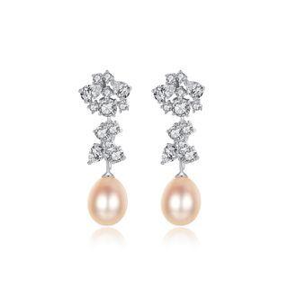 Sterling Silver Elegant And Bright Geometric Pink Freshwater Pearl Earrings With Cubic Zirconia Silver - One Size