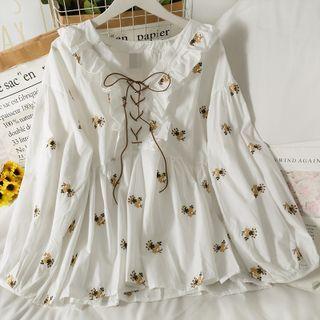 Embroidered Ruffle-trim Lace-up Loose Top