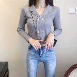 Collared Double-breasted Rib Knit Cardigan