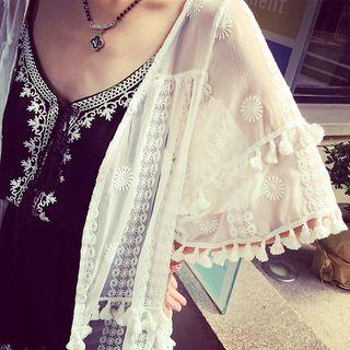 Tassel Detail Open Front Jacket White - One Size