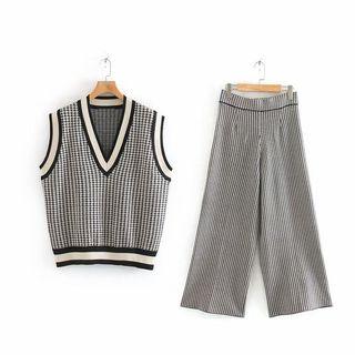 Set: Houndstooth Knit Vest + Wide-leg Pants
