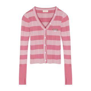 Long-sleeve Striped Button-up Knit Top Pink & Light Pink - One Size