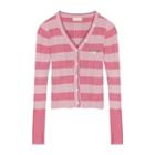 Long-sleeve Striped Button-up Knit Top Pink & Light Pink - One Size