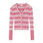 Long-sleeve Striped Button-up Knit Top Pink & Light Pink - One Size