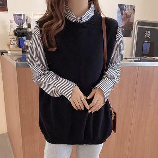 Loose-fit Knit Vest / Striped Long-sleeve Shirt