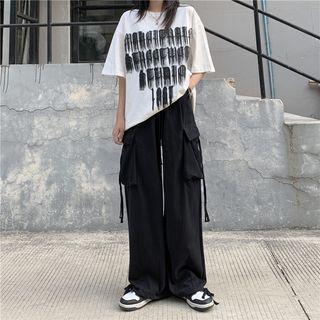 Drawstring Waist Cargo Wide-leg Pants