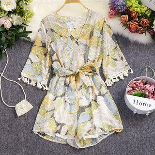 Elbow-sleeve Printed Wide-leg Playsuit