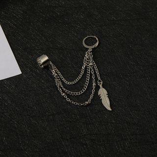 Leaf Layered Chain Stainless Steel Earring 1 Pair - 3 Chain & Leaf - Earring - Steel - Silver - One Size