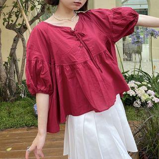 Elbow-sleeve Lace Up Blouse