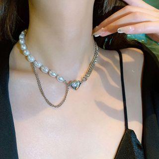 Heart Rhinestone Faux Pearl Necklace White Faux Pearl - Silver - One Size