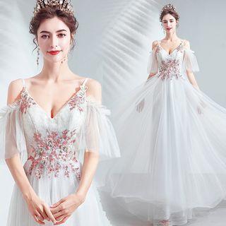 Cold-shoulder Flower Applique A-line Mesh Evening Gown
