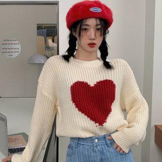 Heart Print Sweater Milky White - One Size