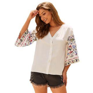 V Neck Linen Printed Blouse