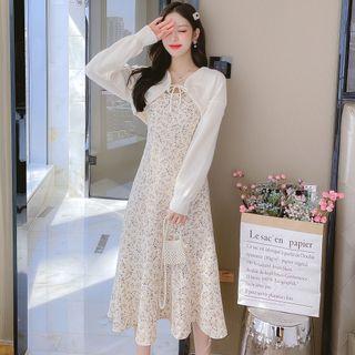 Set: Midi Floral A-line Dress + Shrug
