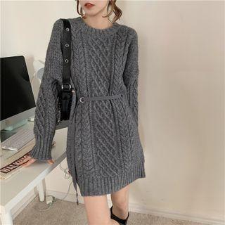 Buckled Cable Knit Mini Sweater Dress