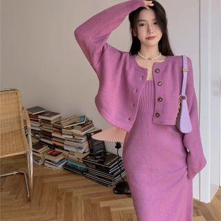 Cropped Cardigan / Spaghetti Strap Knit Midi Sheath Dress