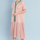 Pleated Trim Short Sleeve Midi Dress With Slipdress