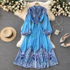 V-neck Print Slit Long-sleeve Dress Blue - One Size