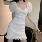 Lantern-sleeve Ruffle Trim A-line Dress White - One Size