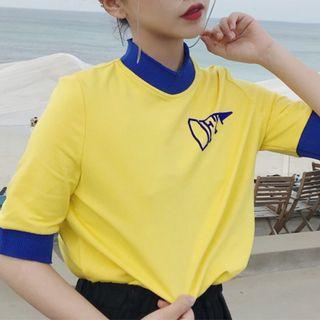 Mock-neck Color Block Short-sleeve T-shirt