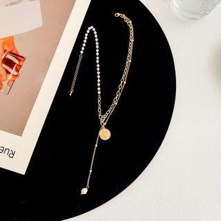 Asymmetric Alloy Disc Faux Pearl Pendant Necklace Gold - One Size