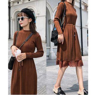 Long-sleeve Lace Trim A-line Midi Knit Dress