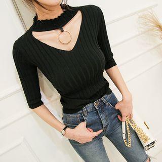 Hoop Choker-neck Rib-knit Top