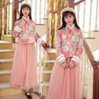 Set: Long-sleeve Mandarin Collar Floral Blouse + Midi A-line Mesh Skirt
