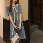 Detachable Collar Short-sleeve Midi Denim Dress Blue - One Size