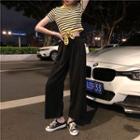 Tied-waist Striped Cropped Top / Wide-leg Pants