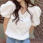 Puff-sleeve Peter Pan Collar Contrast Ruched Blouse
