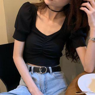 Square-neck Puff Short-sleeve Knit Crop Top Black - One Size